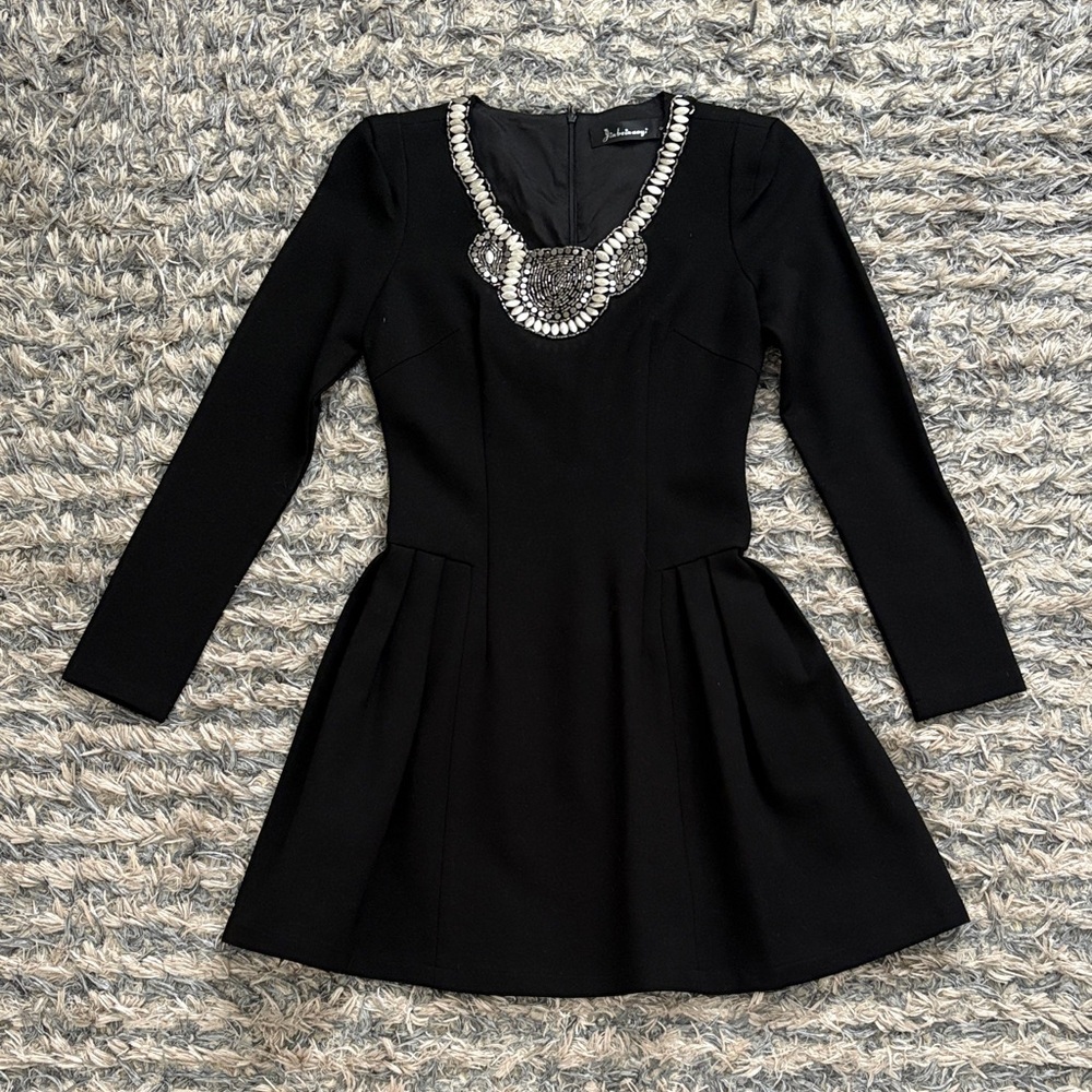 Elegant Black Long Sleeve Dress with Silver Accents, Size S